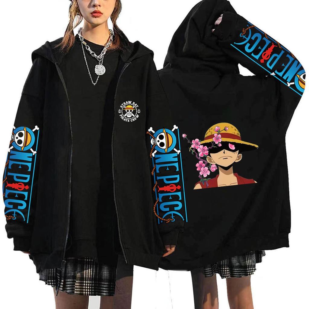 Худи на молнии в стиле аниме One Piece с Луффи, сакурой, логотипом Команды Соломенной Шляпы на рукавах, с изображением Луффи и ветки сакуры на спине, оверсайз