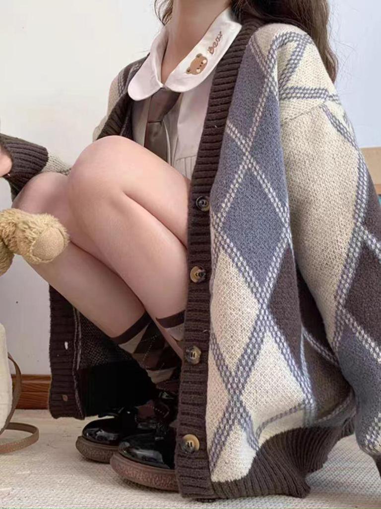 Женский ретро японский свитер в ромбы - Свободный крой, мягкий вязаный кардиган для осени и зимы