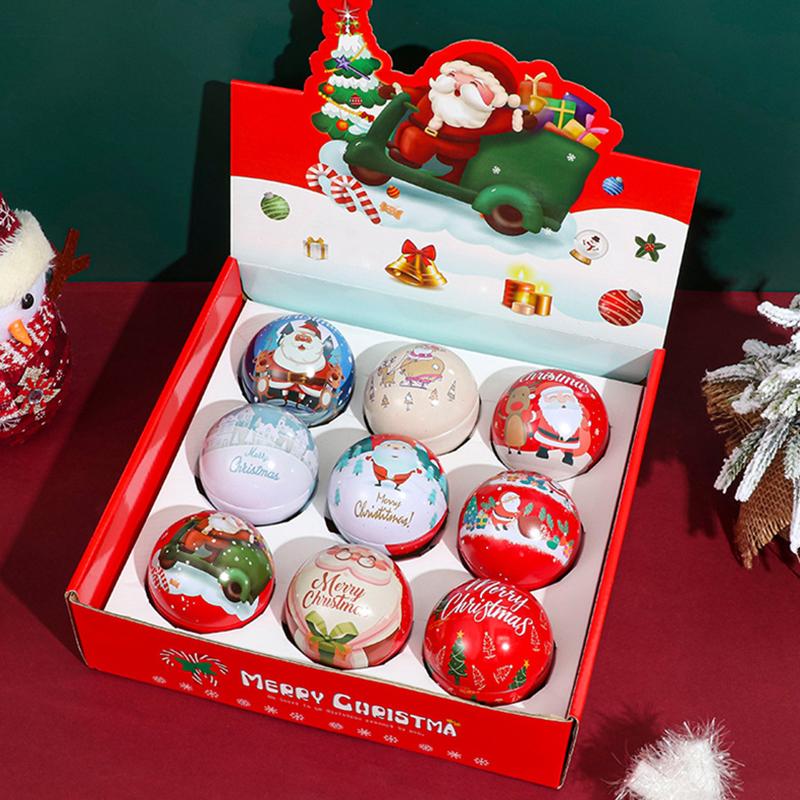 1PC Kids Favors Mini Tin Box Round Empty Case Santa Printing Candy Storage Case Round Ball Shaped