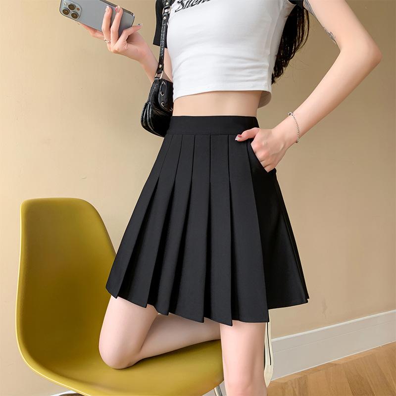 Summer Women's Half-body Skirt Pocket Solid Color Temperament Elegant Elastic Waist Pleated Skirt High-waisted Short Skirt