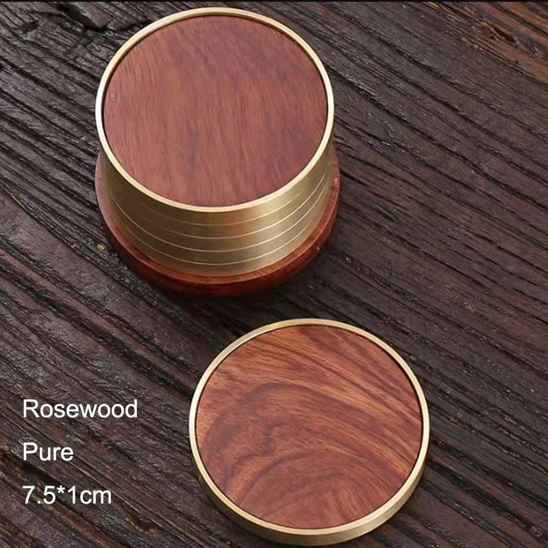 Набор подставок из розового дерева, круглый коврик из черного дерева, термостойкий коврик для чашки кофе, офиса, дома, кухни, с медным противоскользящим покрытием