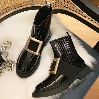 Модные лакированные кожаные ботинки челси женские брендовые зимние брендовые с металлической пряжкой ботильоны женские обувь ботильоны