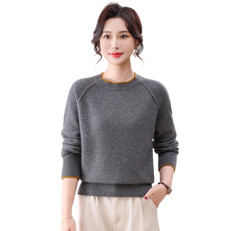 Women's Cashmere Wool Round Neck Long Sleeve Sweater - Loose, Versatile Knit Pullover for Autumn and Winter