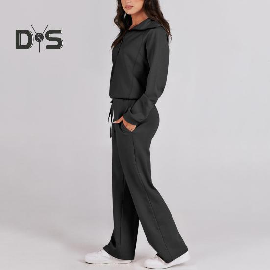 2 Pcs/Set Fall Winter Coat Trouser Suit Lapel Solid Color Thick Loose Solid Color Zipper Decor Long Sleeve Wide Leg Drawstring Elastic Waist Lady