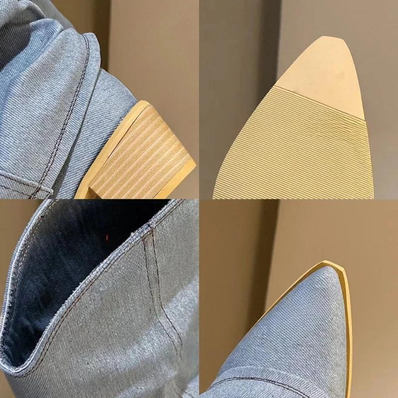 Модные плиссированные синие джинсовые ботинки Модные женские ботинки челси Осенне-зимние ботинки на среднем каблуке 2025 Новая женская обувь Ботфорты женские