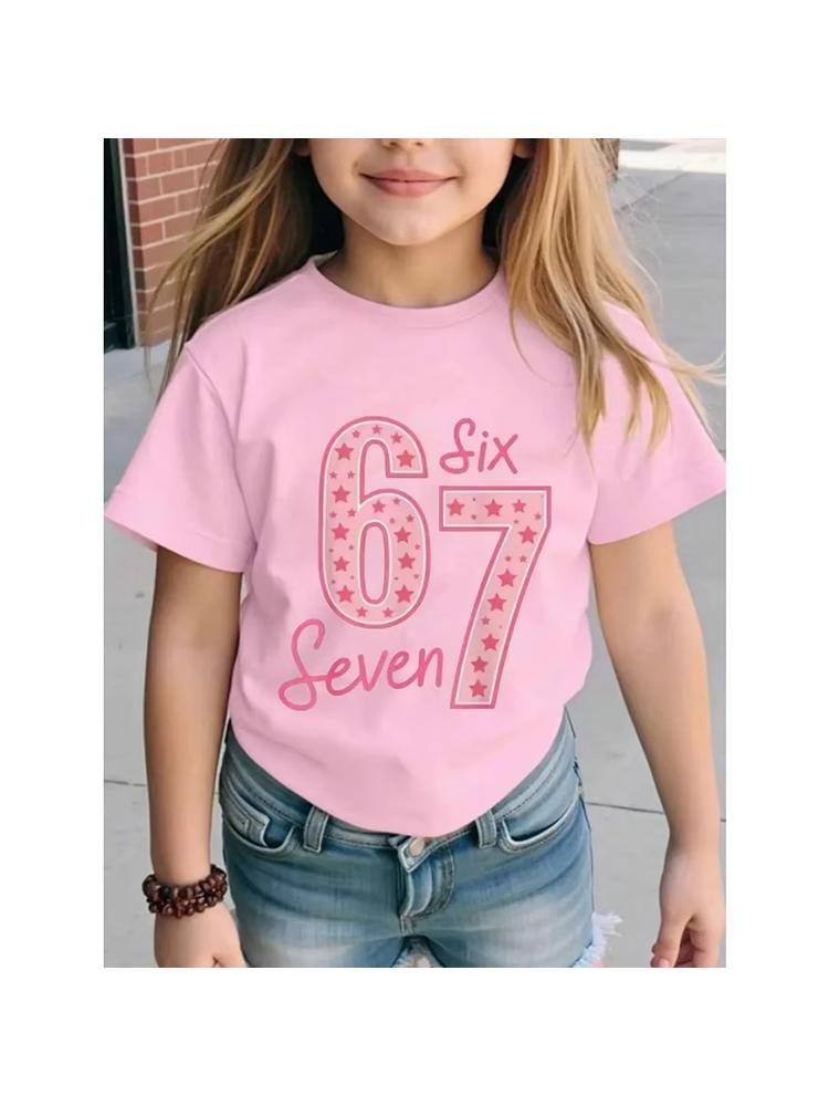 Girls Cute Star Pattern Number 67 Print Short Sleeve Tee Breathable Cotton Perfect for Birthday Daily Outfitsdf0045