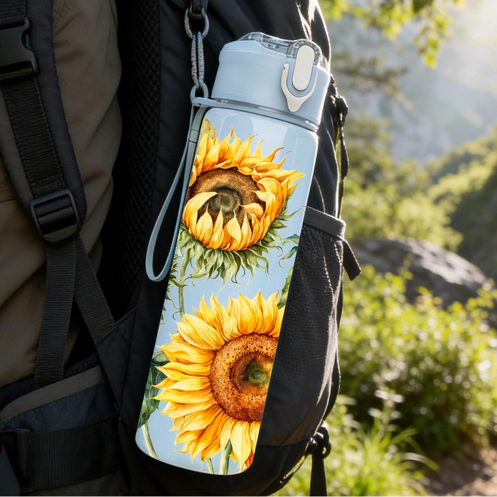 1PC Sunflower Boho Farm Floral Pattern 750ml Color Plastic Sports Water Bottle Leakproof Flip Straw Lid Suitable for Sports Office Home Use