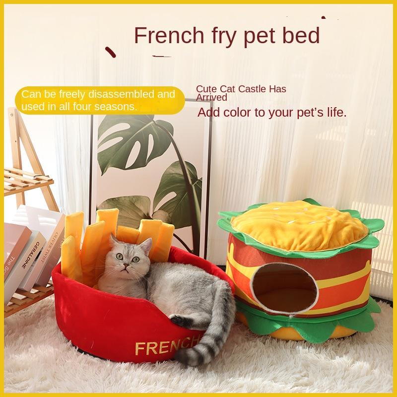 Burger Cat Bed for Indoor Cats, Thickened Enclosed Cat House & Pet Villa, Four-Season Cave Cat Nest with Cushion, Small Dog Kennel, Customizable