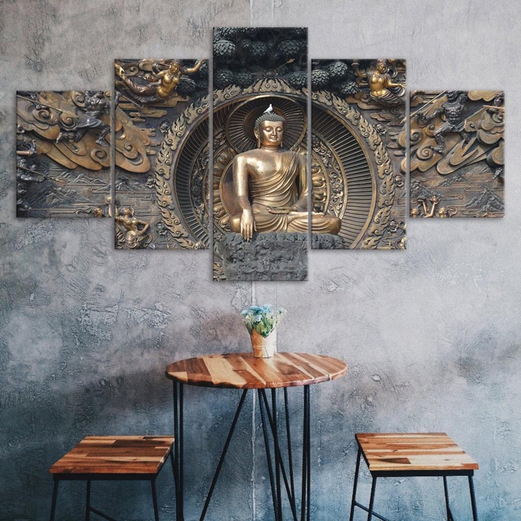 Buddha Statue Sculpture 5 Piece Five Panel Wall Canvas Print Modern Art Poster Picture Home Decor Gift For Him For Her