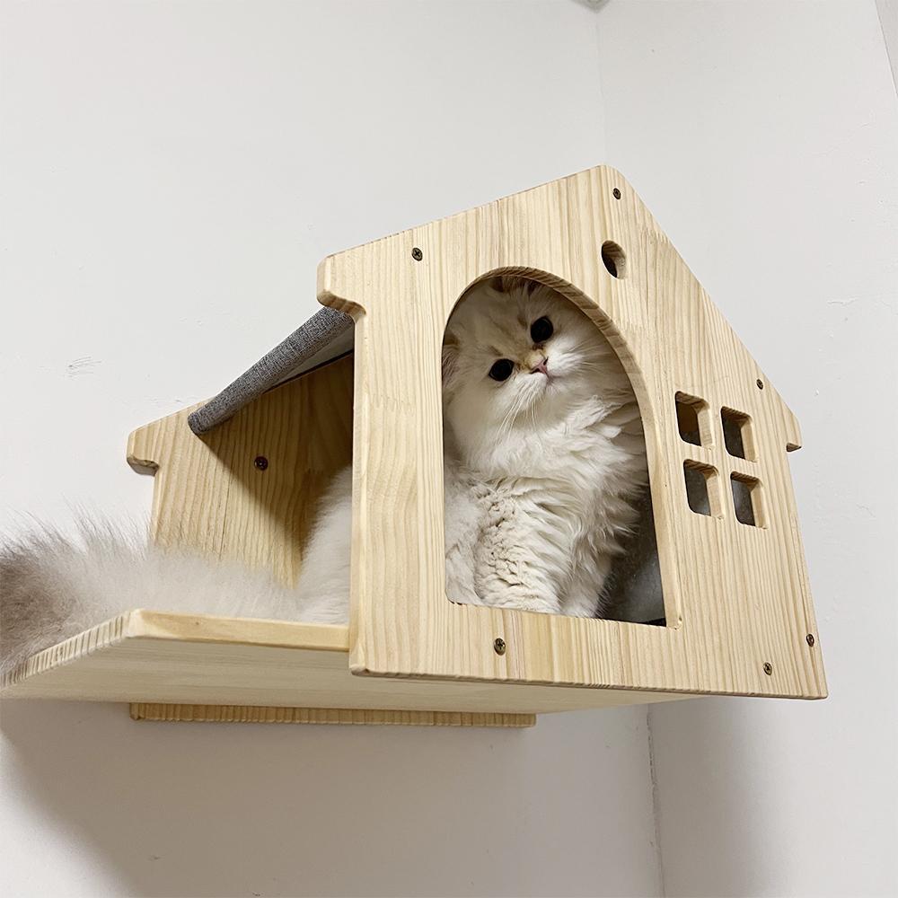 Кошачье дерево для лазания Настенное деревянное полки для кошек Прыгающая мебель Когтеточка Гамак Лестница Игровой лазательный комплекс