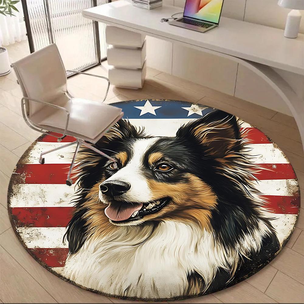 1PC Patriotic Dog Office Round Area Rug, Indoor Mat Suitable For Office, Under Office Chairs Bedroom Living Room Home Decor, Room Deco 030