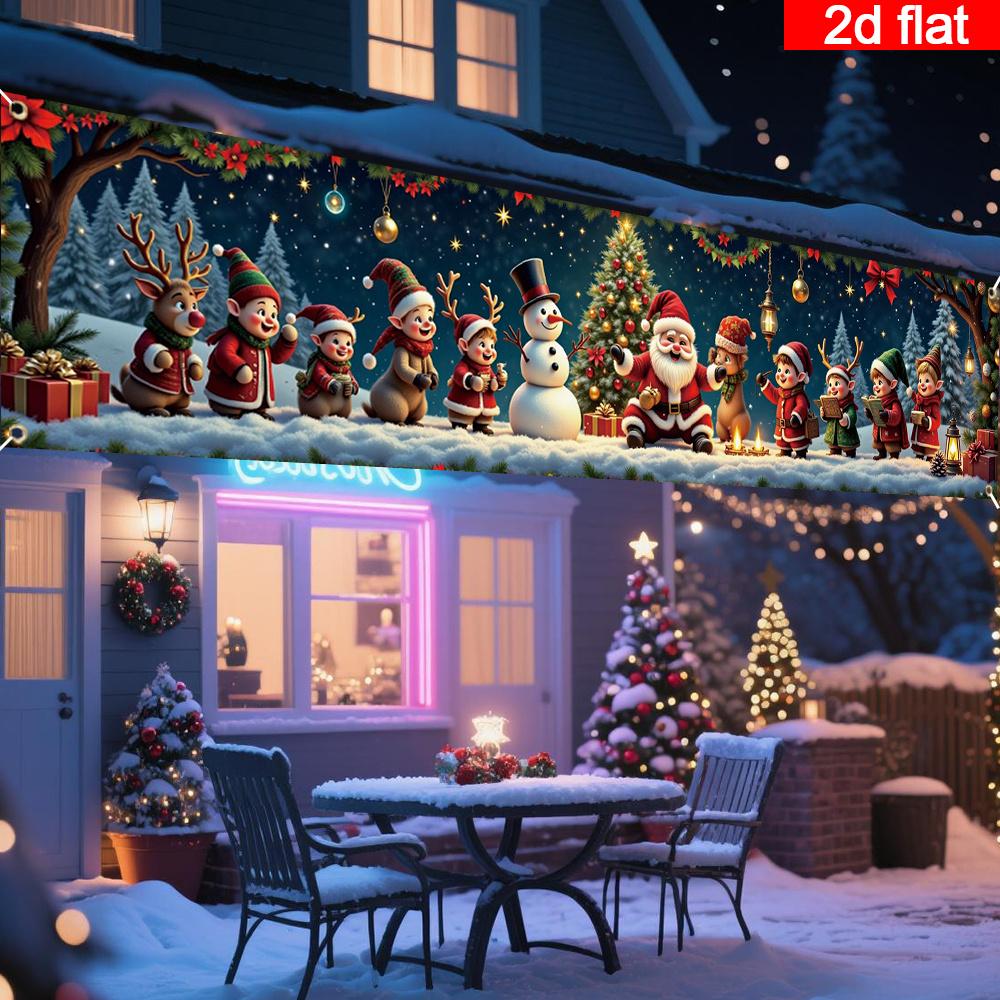 Christmas Party Courtyard Banner, Adorable Elves Snowmen Santa Claus Pattern, Polyester Outdoor Indoor Decoration
