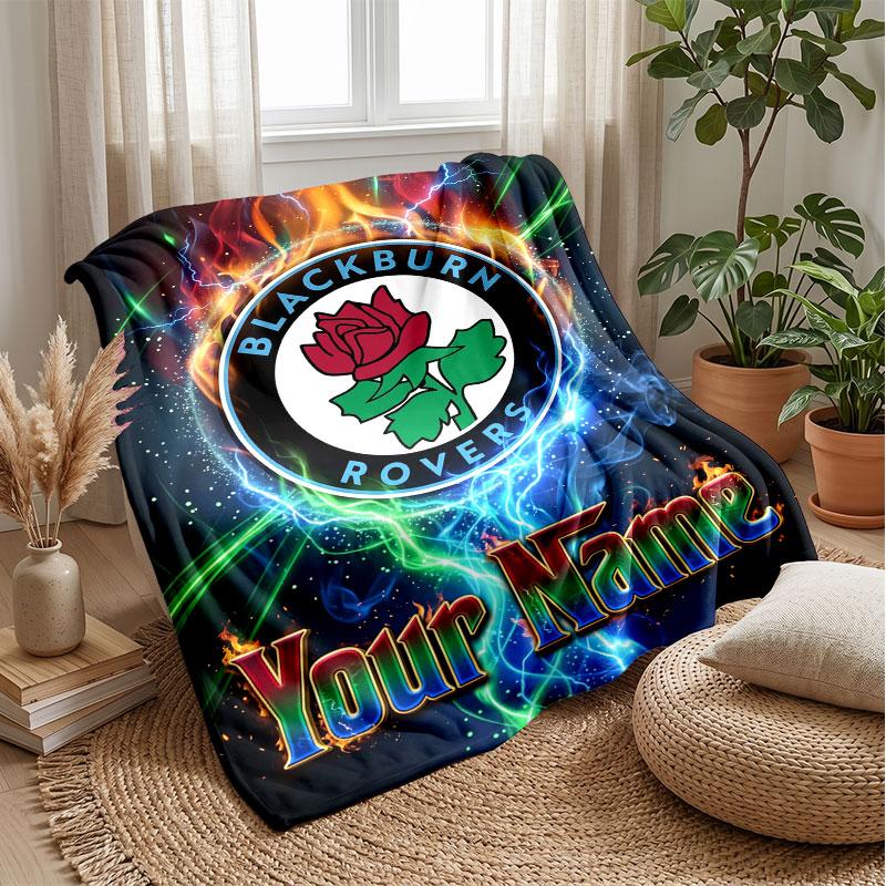 Blackburn Rovers Football Custom Name Text Flannel Blanket Soccer Logo Personalized Fleece Throw Blanket Special Gift For Sofa Bedroom Home