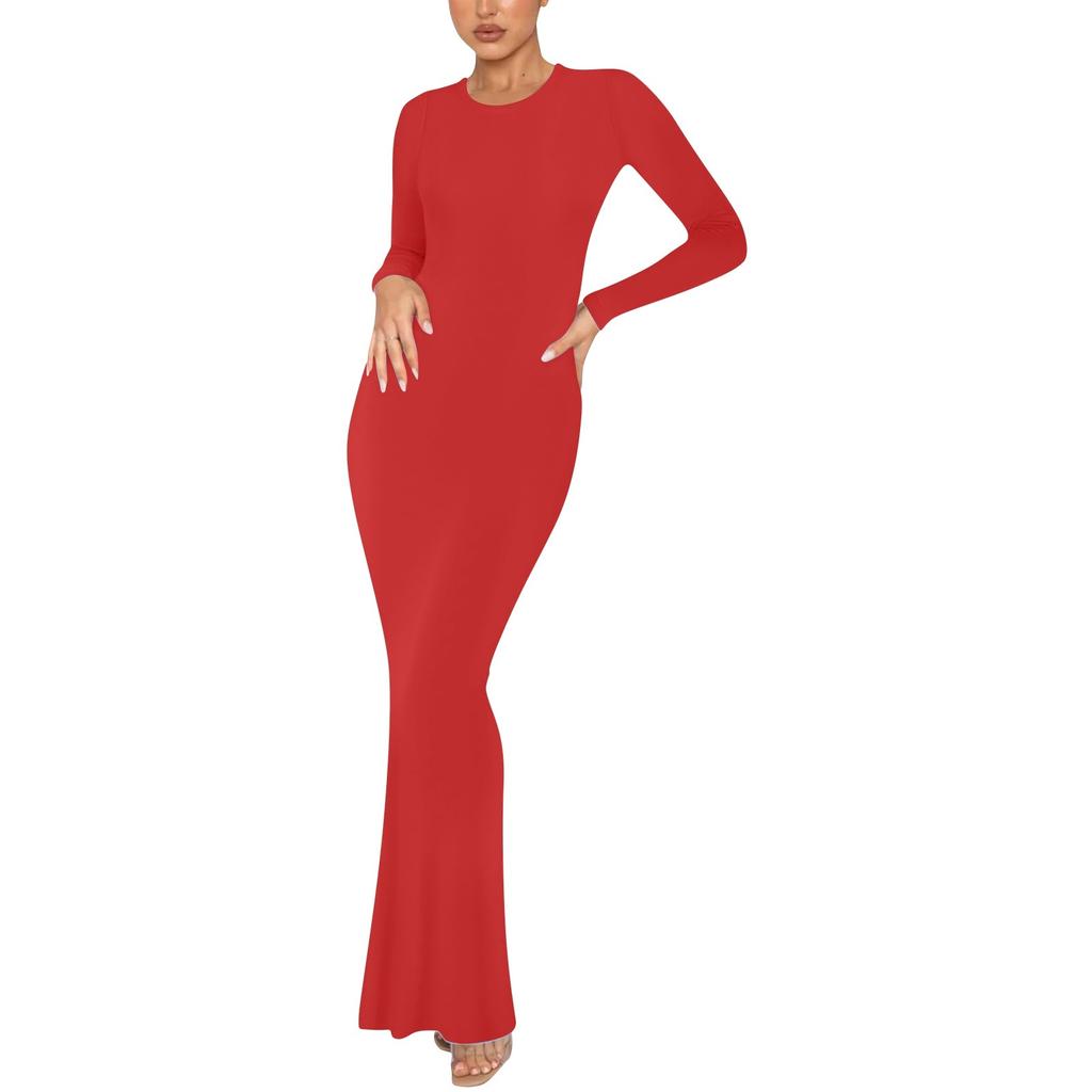 Женское модное и элегантное однотонное облегающее длинное платье с круглым вырезом и длинными рукавами