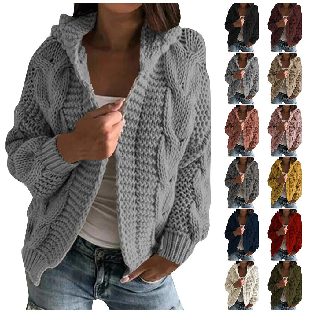 Women's Autumn And Winter Hooded Jacket Solid Color Knitted Cardigan Sweater