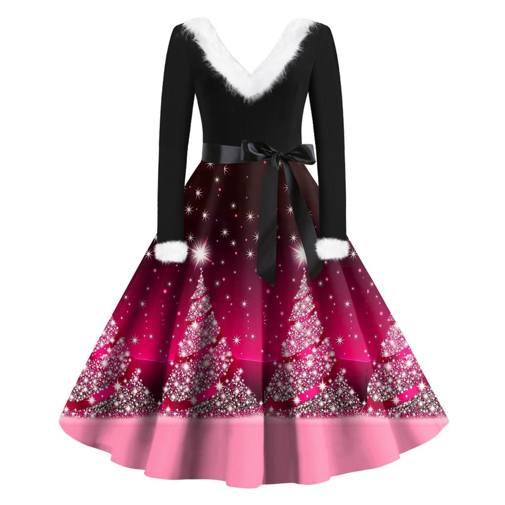 Женская мода с v-образным вырезом, повседневные тонкие рождественские шерстяные платья с длинным рукавом с принтом