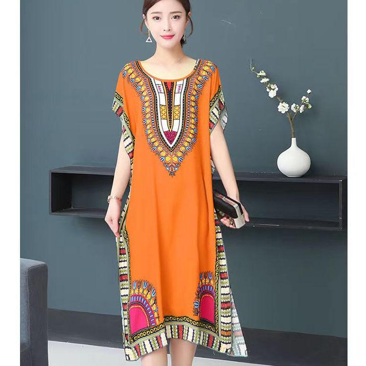 Летнее платье из хлопка и шелка. Прохладное и удобное платье средней длины с принтом. Свободное повседневное женское платье в этническом стиле с короткими рукавами.