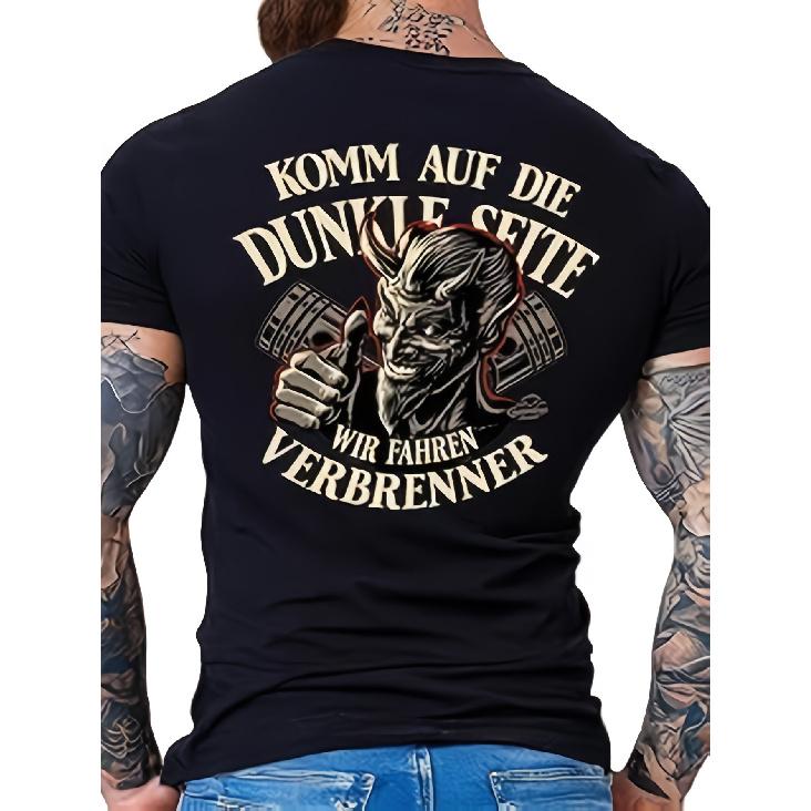 Men's Short Sleeve Crew Neck T-Shirt with Devil Graphic and German Text, Soft Cotton Feel, Biker Style for Casual Wear