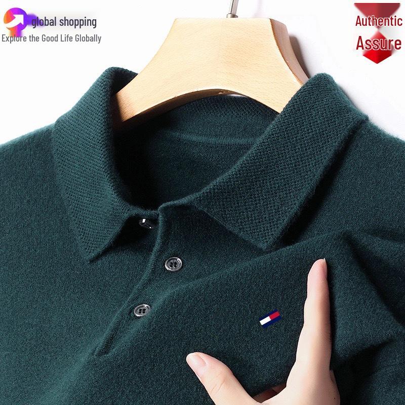 Оригинальный мужской джемпер Tommy из кашемира с длинным рукавом - Однотонный, с вышивкой, с воротником, большого размера, универсальный вязаный базовый слой.