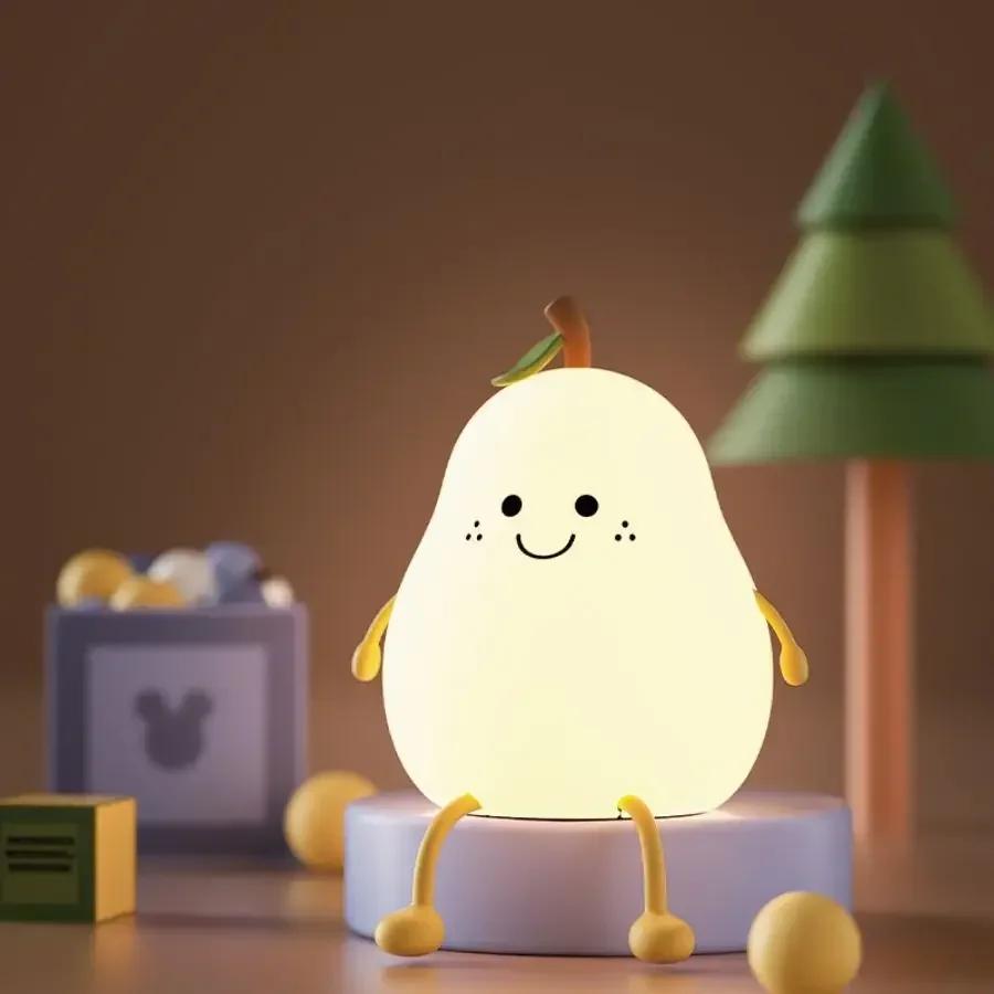 LED Pear Fruit Silicone Night Light 7 Colors Dimming Touch Cartoon Bedside Lamp Home Decoration Cute Kid Gift USB Rechargeable