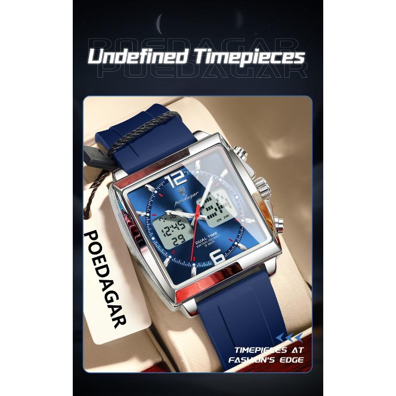 POEDAGAR Luxury Top Man Watch Electronic Square LED Alarm Chronograph Watches Week Date Dual Time Display Quartz Clock