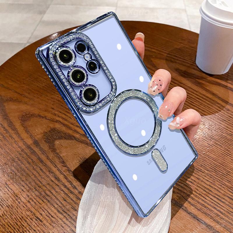 Модный блестящий прозрачный чехол со стразами для Samsung Galaxy S24 Plus S23 S22 Ultra для Magsafe, силиконовый чехол с беспроводной зарядкой