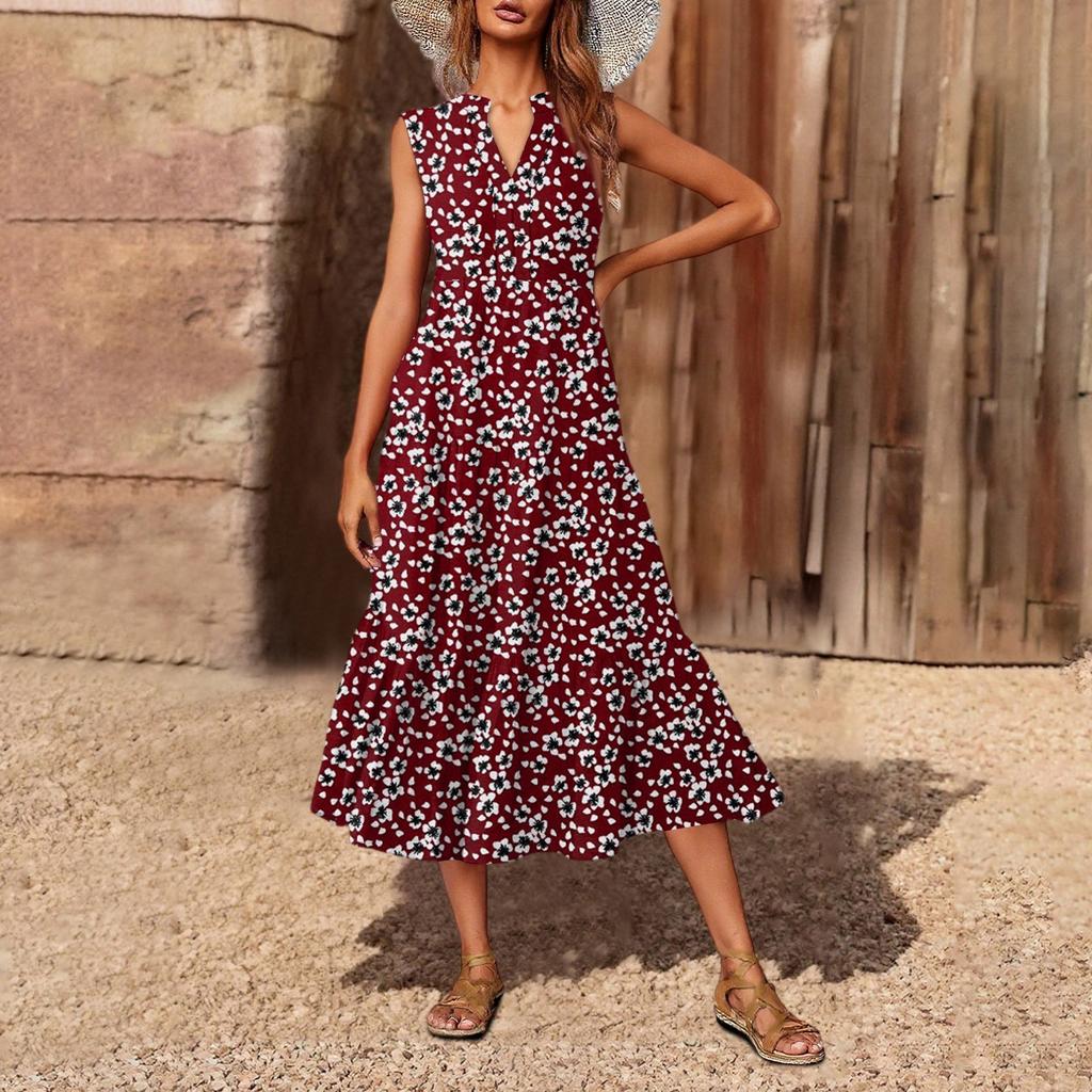 Women's Casual And Fashionable V-neck  Sleeveless Printing Mid Length Dress