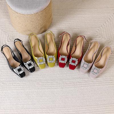Босоножки с открытой пяткой Баотоу летняя мода 2025 новинка лакированная кожа французский квадратный носок туфли-лодочки стразы высокий каблук шпилька