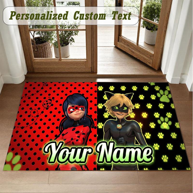 Crystal Velvet Square Rug Custom NameMiraculous Ladybug Pattern Non Slip Home Floor Decor Rug