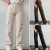 Women Cargo Pants High Waist Button Zipper Fly Multi Pockets Straight Leg Long Trousers Solid