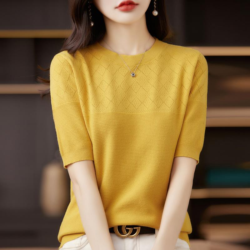 Spring Women's T-shirt Round Neck Knitted T-shirt Solid Colour Hollow Out Tops Knitwear