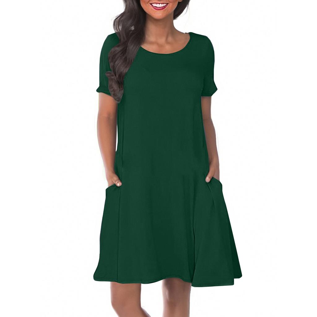 Women's Solid Color Round Neck Solid Color Casual Pocket Short Sleeve Swing Dress