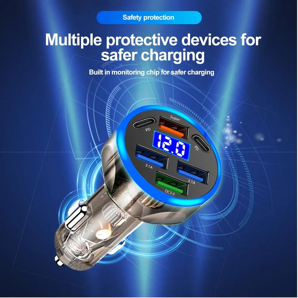 Автомобильное зарядное устройство на 5 портов со светодиодным дисплеем, быстрая зарядка QC3.0, порты USB PD 3.1A, универсальный автомобильный адаптер с контролем температуры