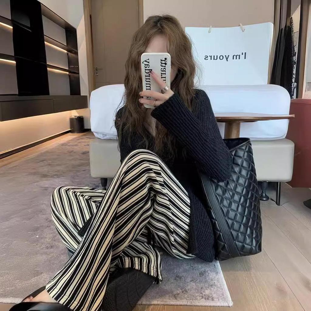 Женские брюки больших размеров в вертикальную полоску, с высокой талией, стройнящие, повседневные, длиной до пола, летние