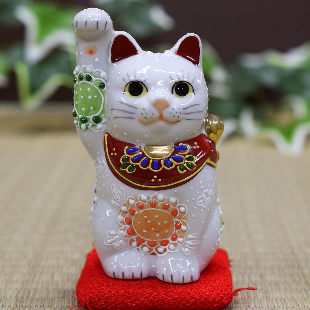 Waza no Kura Ceramic Kutani White Perfect for Grand Opening Birthday and Interior Figurine, Ware, Right-Handed Maneki-neko (Lucky Cat), Glaze, Gifts,