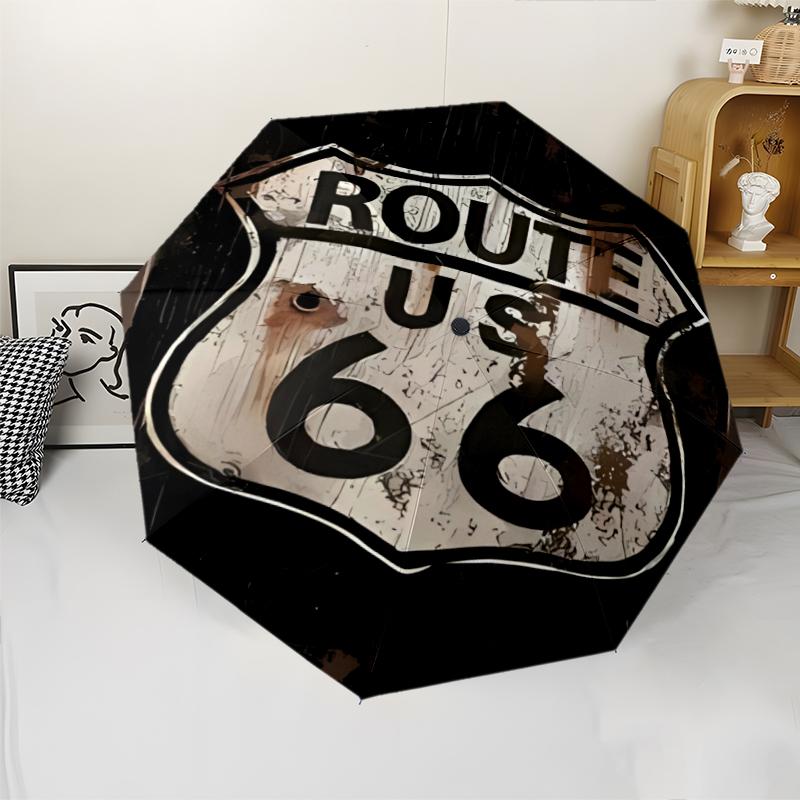 НАС. Автоматический зонт с принтом Route 66, 8 спиц, железный каркас, пластиковая ручка, подходит для путешествий на открытом воздухе и на каждый день, идеальный подарок