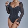 Women's Bodysuit Low V Neck Backless Slim Waist Cinching Romper Sexy Black Long Sleeve Jumpsuit