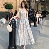 French Blue Oil Painting Long Dress Beach Dress Floral Sling Dress Women's Summer Fairy Style Casual Party Dress