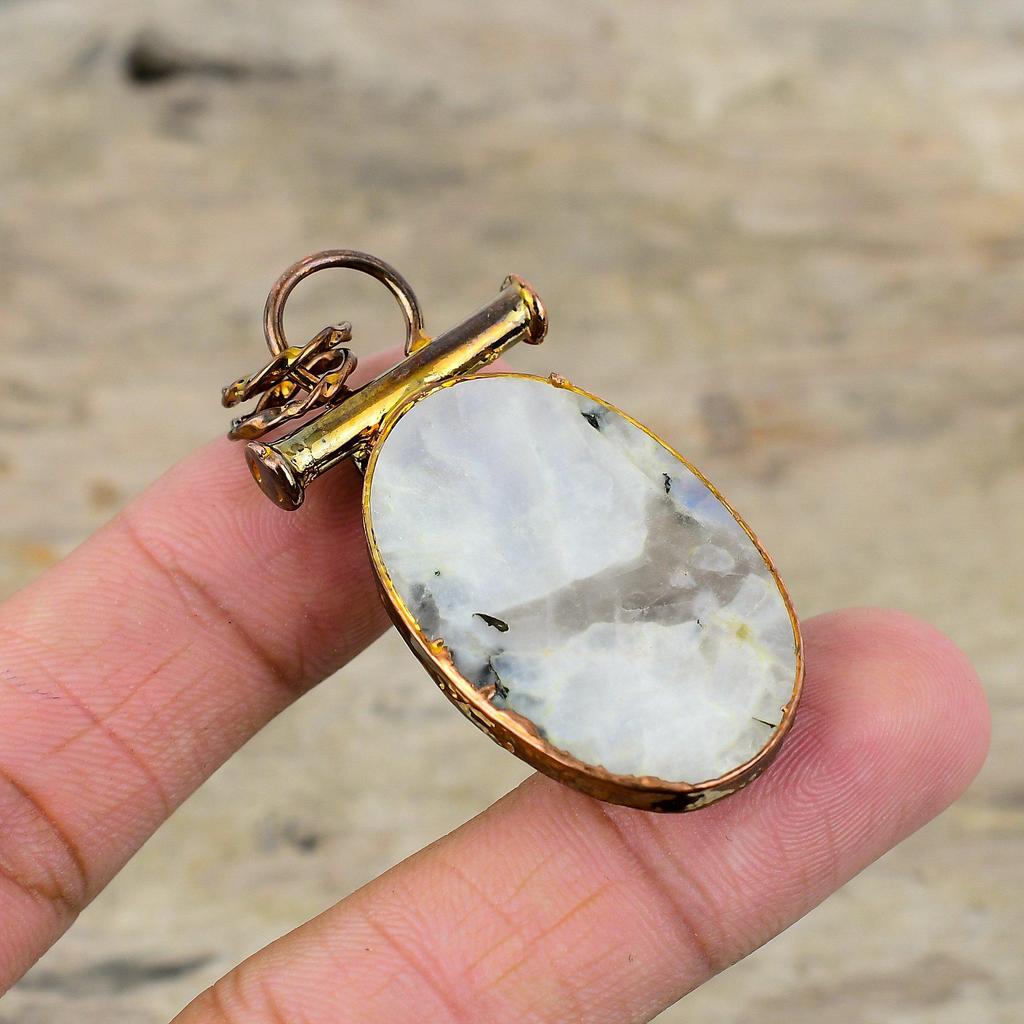 Кулон Rainbow Moonstone, гальванопластическая медная подвеска, изящная подвеска из драгоценного камня, гальванопластическая бижутерия, подарок на годовщину, подвеска ручной работы в стиле бохо