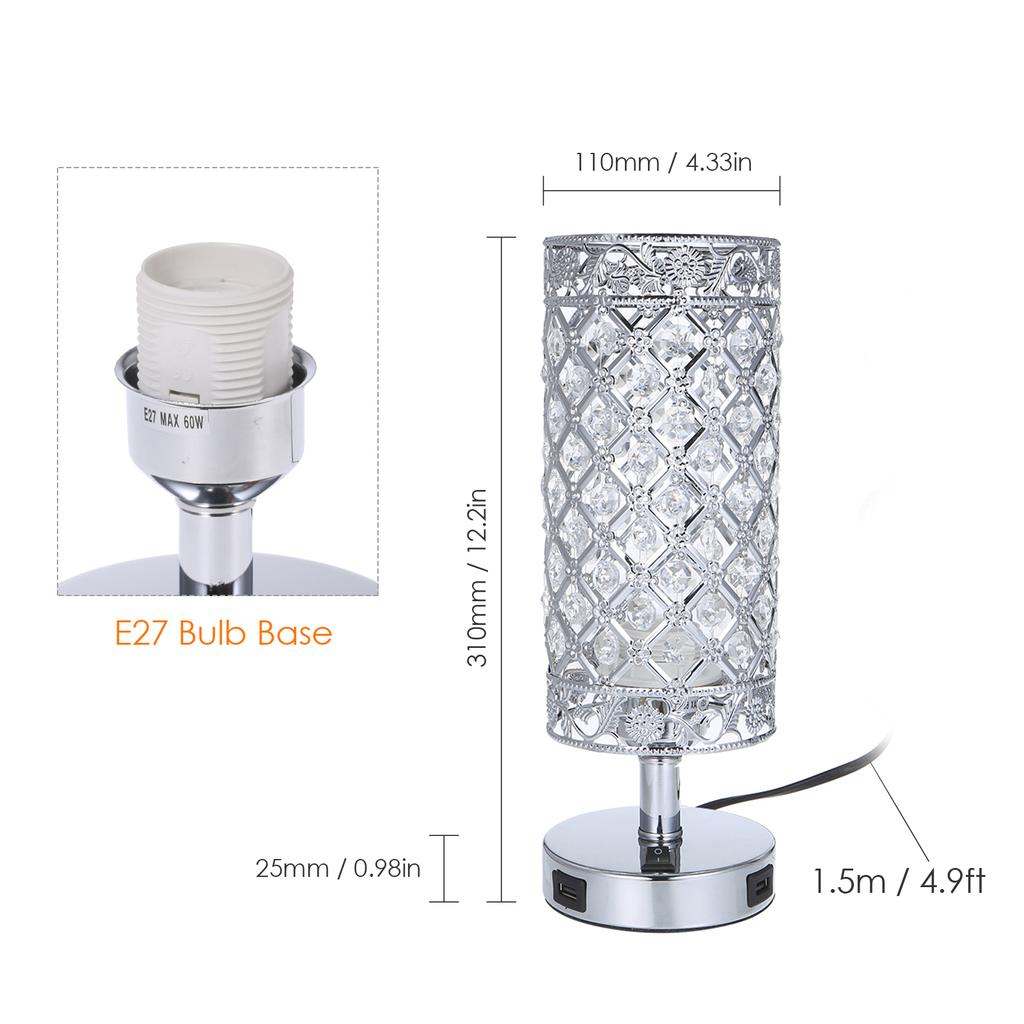 Tomshine Crystal Bedside Table Lamp Decorative Desk Light with Dual USB Charging Port Modern