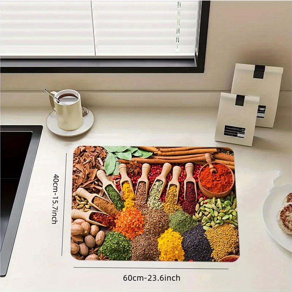 1 шт. резиновый кухонный коврик для сушки посуды с принтом приправ - нескользящий, впитывающий, подставка для посуды для домашнего декора, экономящий место