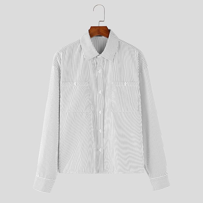 INCERUN Spring Men Lapel Long Sleeve Striped Shirts Casual Baggy Tops