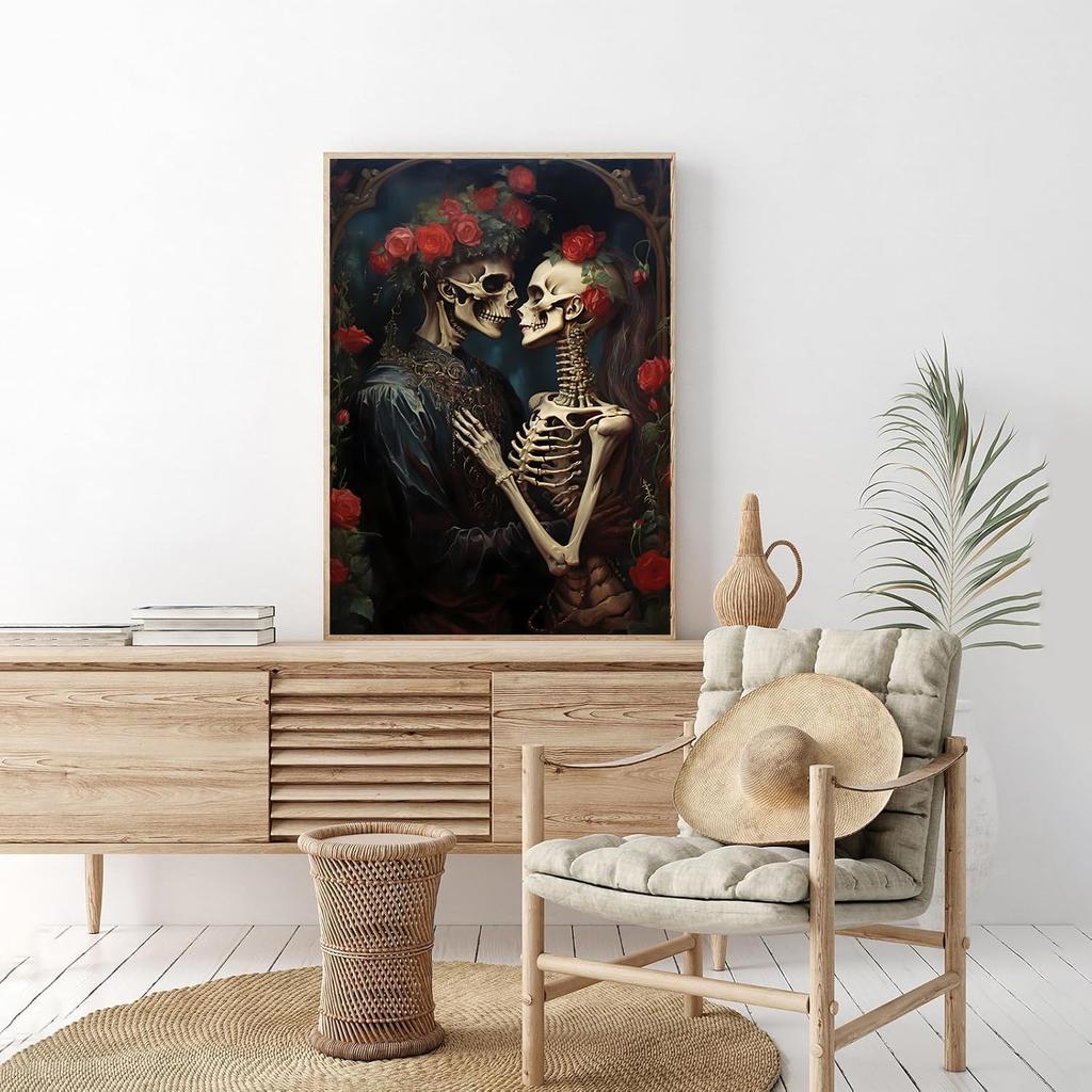 TRAMIN Romantic Gothic Wall Art, Goth Wall Art Prints, Dark Raven Skull Poster, Floral Gothic Decor For Bedroom, Moody Halloween Decor Aesthetic