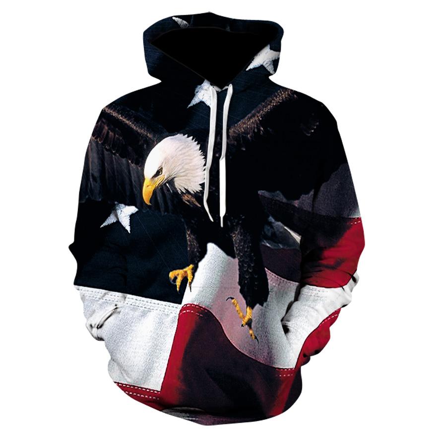 Star Stripe Motif Print Hoodie, Liberty Symbol and Wild Bird Texture Art Full Graphic Loose Pullover, Great for National Culture Fan Casual Gatherings