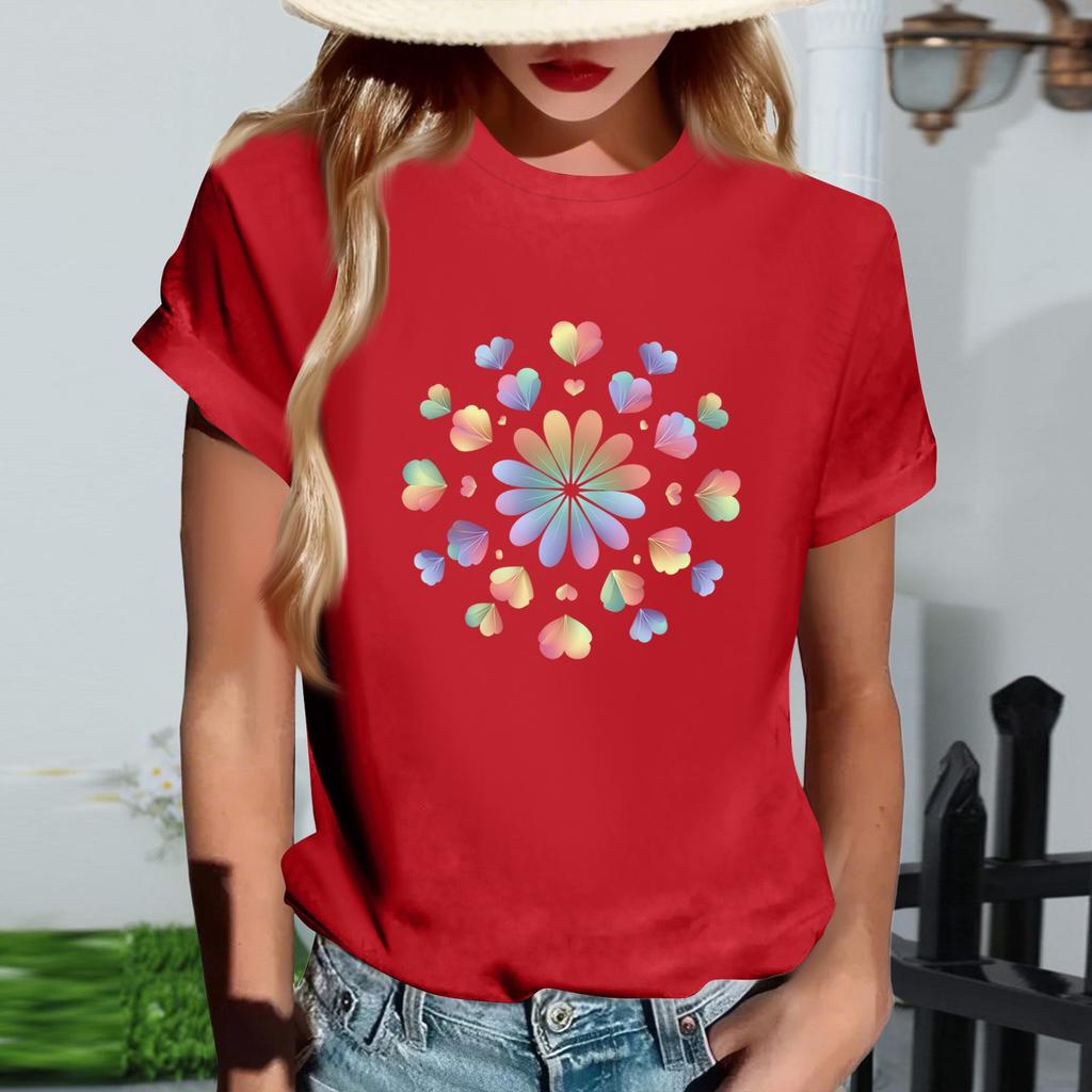 Women's Fashionable Round Neck Casual Retro Print Short Sleeved T-shirt Top