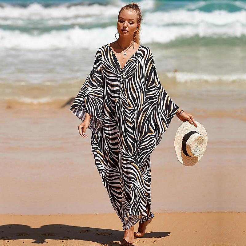 EDOLYNSA Sexy Striped Bikini Cover-ups Casual V-neck Side Split Summer Beach Dress Women Beach Wear Swim Suit Cover Up Q1297