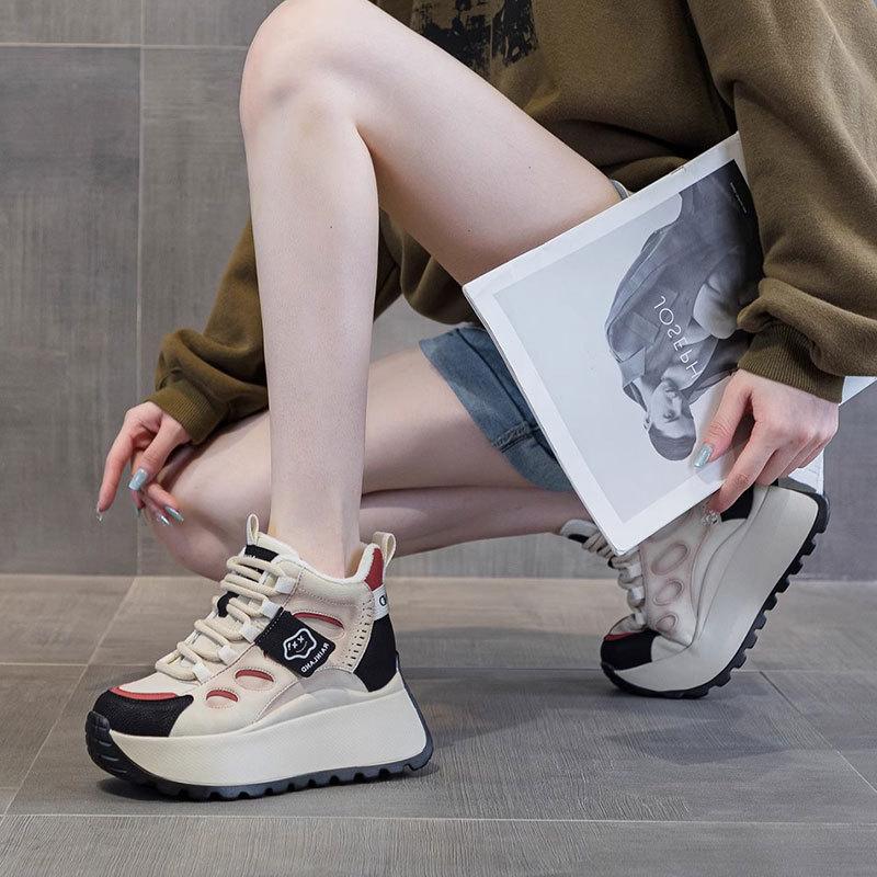 Повседневные спортивные кроссовки с высоким верхом для женской осени и зимы, новые, на толстой подошве, увеличивающие рост, с небольшой цветовой гаммой, из бархата, утепленные, кроссовки папы