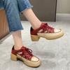 Women's Heeled Singles Shoes 2024 Summer New Hollow Breathable Lace Up Women's Shoes Chunky Heels Dress Office Ladies Pumps