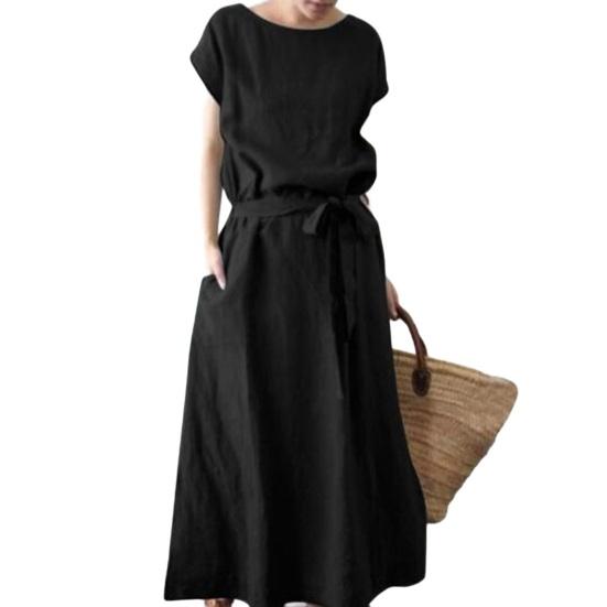 Женское платье макси из хлопка и льна в стиле бохо, летнее, с коротким рукавом, круглым вырезом, длинным платьем, поясом и карманами, повседневный пляжный сарафан