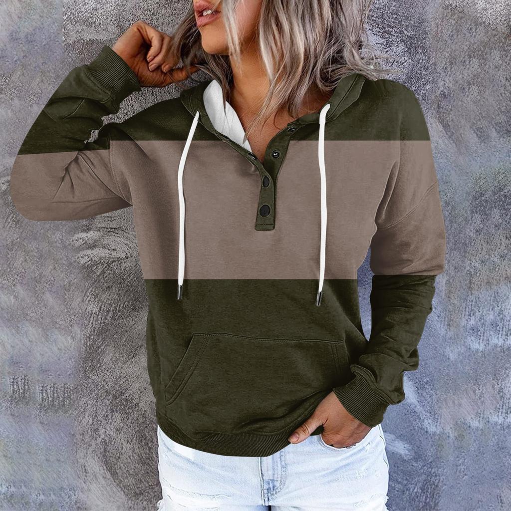Womens Hooded Button Collar Drawstring Hoodies Pullover Sweatshirts Casual Long Sleeve Tops Shirts